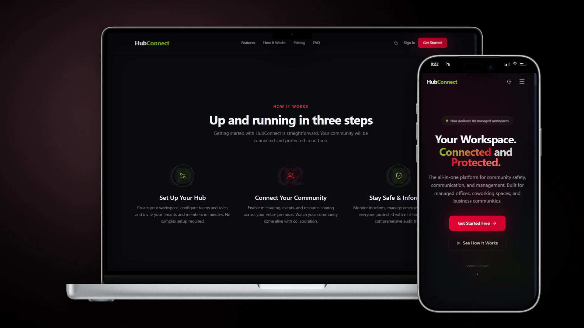 HubConnect landing page on a laptop and phone, a safety and communication platform for managed offices and coworking spaces.